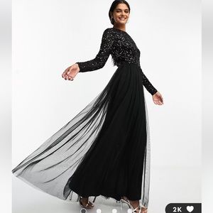 Maya Long sleeve maxi tulle dress with tonal delicate sequin in black
